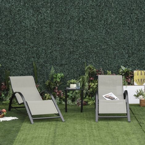 3-tlg. Gartenliegen-Set, 2 Sonnenliegen & 1 Beistelltisch, Metallrahmen, Grau+Schwarz