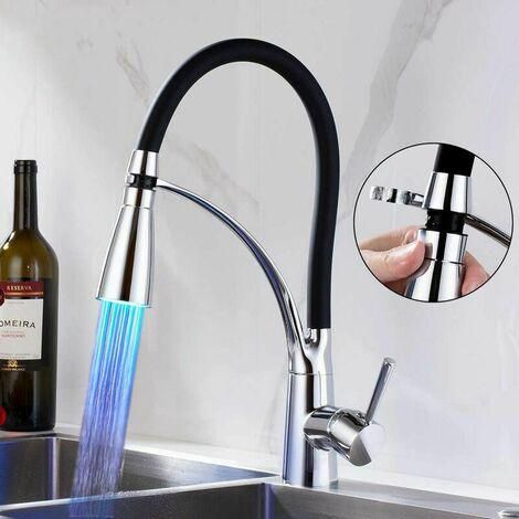 Robinet de cuisine extractible à deux fonctions avec éclairage LED pivotant à 360° chromé, mitigeur d'évier pour eau chaude et froide. (1/4)