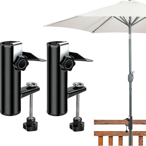 2 Pièces Support de Parasol en Métal, Pied de Parasol Fixation Balustrade Balcon Pince de Parapluie Réglable pour Balcon, Terrasse ou Table, Ø19-38mm (1/5)