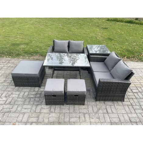 Fimous 7-Sitzer Garten Esstisch Set Polyrattan Outdoor Möbel Sofa mit Rechteckiger Esstisch Doppelsitz Sofa 3 Hockern Beistelltisch Dunkelgrau Gemischt (1/5)
