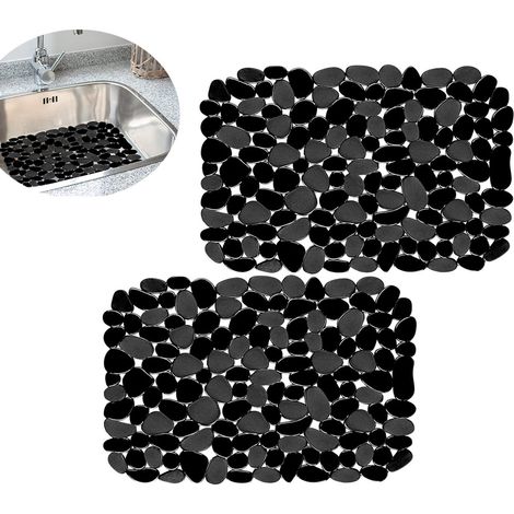 Lot de 2 tapis d'évier de cuisine - tapis à galets - pour évier en acier inoxydable - pour le fond de l'évier - drainage rapide - 40 x 30 cm - noir (1/4)