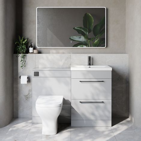 Napoli 390 Cento Gloss Grey Pearl 1200mm 2 Drawer Vanity Unit Toilet Suite with Glide Basin - 1200mm - Matt Black 320mm HandleWith Kingston Toilet Pan and Seat