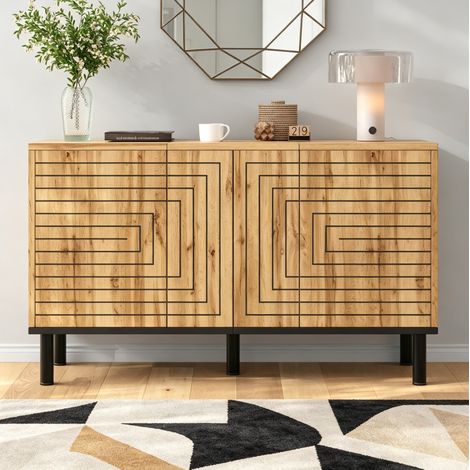 REDOM aparador 120x35x68 cm, 3 puertas push open, 6 compartimentos, MDF y tablero de partículas, natural (1/5)