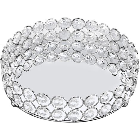 Plateau cosmétique rond en cristal de 20 cm (8 po), structure métallique soudée et miroir, idéal pour présenter aliments, parfums, bijoux et vin (argent). (1/5)