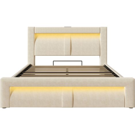 Cama tapizada 140x200 cm con almacenaje, LED, USB-C y USB, beige, terciopelo (1/5)