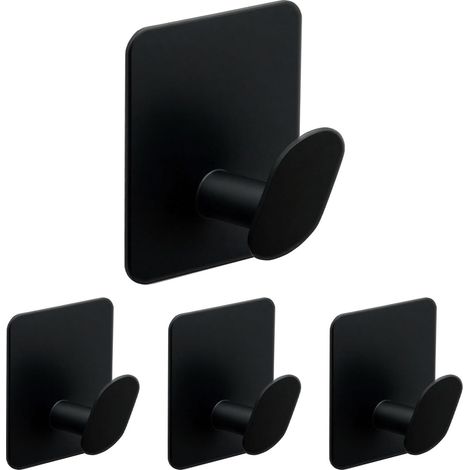 Lot de 4 porte-serviettes autocollants avec crochets pour armoires, salles de bains, toilettes et cuisines, noir (1/5)