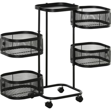 Chariot de service rotatif 4 niveaux avec roulettes panier métallique plateau supérieur noir 33 x 33 x 77 cm