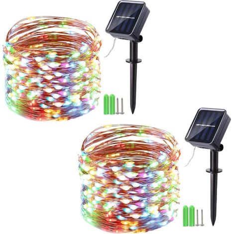 Lot de 2 Guirlande Lumineuse Exterieure Solaire 10m 100 LED Guirlande Noel Solaire en Fil Cuivre avec 8 Modes, pour la Décoration Extérieur, Jardin, Arbres etc (Multicolore) (1/5)