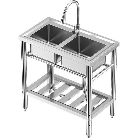Évier sur pied inox 2 bacs avec robinet et étagère 84x46x76 cm (1/5)