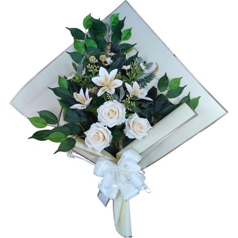 Bouquet de fleurs artificielles pour cimetière à mettre dans un pot, un vase ou sur une tombe 73 x 63 x 20 cm (lys et roses champagne) (1/5)