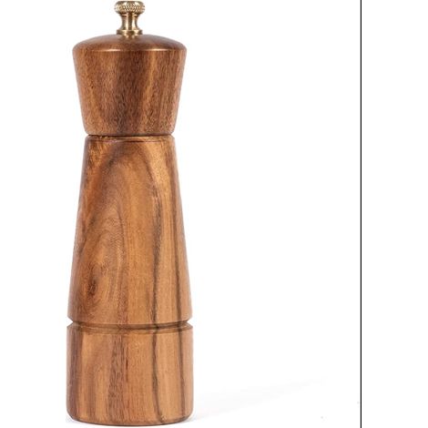 Moulin à poivre en acier inoxydable, Bois d'acacia, Hauteur de 16,5 cm, Diamètre du fond de 5 cm (le plateau n'est pas inclus) (1/5)