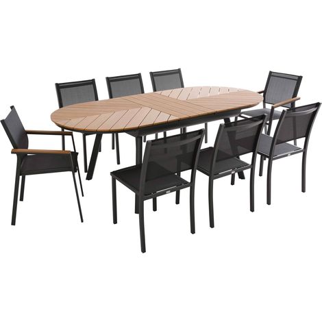Ensemble table extensible 180/220 cm et 8 chaises de jardin effet bois