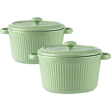 Lot de 2 Ramequin Four Ronds en Céramique avec Couvercle 250 ml, Mini Cocottes en Céramique avec Poignées pour Brûlée, Viande, Légumes, pour Friteuse à air, Lave-vaisselle, Vert (1/5)