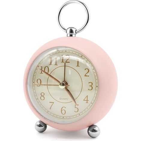 Réveil analogique rétro rose, à double cloche silencieuse, fonctionne sans tic-tac, quartz à piles, avec veilleuse, idéal enfants et sommeil profond (1/5)