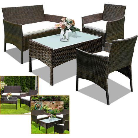 Jopassy Set di mobili da giardino in resina intrecciata marrone - 4 posti - Divano + Poltrona + Tavolo (1/5)