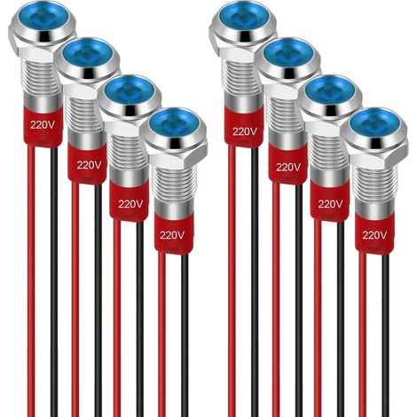 8 Stück 6 mm LED-Anzeigeleuchten, 220–230 V, wasserdicht, Metall-Panel-Leuchte, LED-Panel-Montage, Flachkopf mit Kabeln, silbernes Gehäuse, blau (1/5)