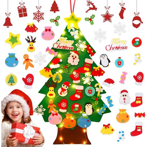 Sapin De Noel Artificiel en Feutre,Sapin De Noel Lumineux Bande avec 32 Décorations,3ft Feutrine Sapins De Noël pour Interieur Maison Porte Fenêtre Mural Decoration Noel Et Enfants Cadeau Noël (1/5)