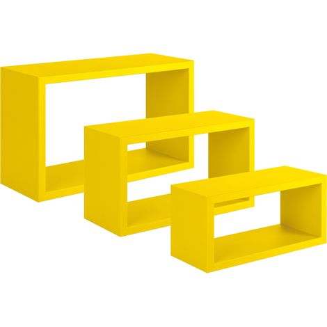 Set 3 Mensole da Parete Rettangolare in Fibra di Legno Trittico Giallo Canarino (1/4)
