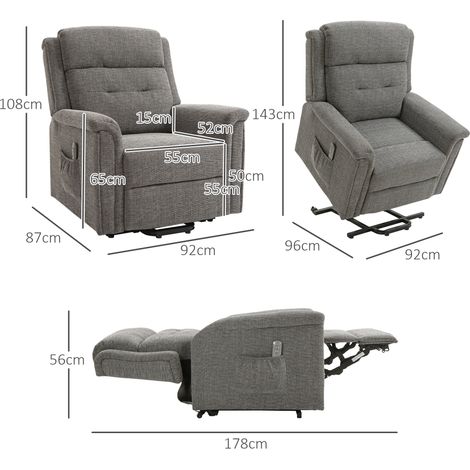 Fauteuil releveur électrique pour personnes âgées, inclinable et relax, charge max 170 kg, fauteuil TV gris, dimensions 89 x 96 x 108 cm, confort optimal (1/5)