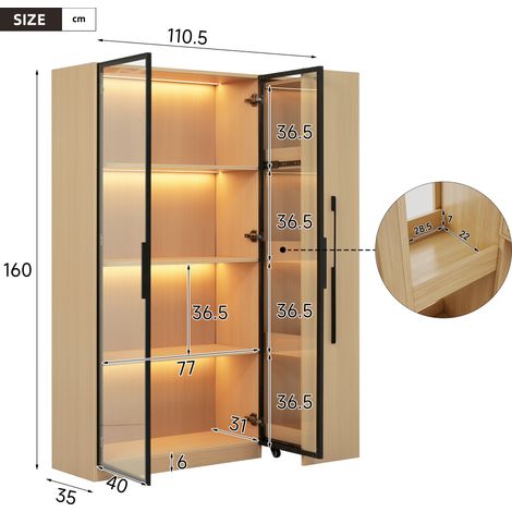 Meuble polyvalent 110,5x35x160 cm - présentoir avec porte en verre et spot LED, tiroir coulissant latéral, buffet sur roulettes - armoire élancée design moderne, showcase, rangement salle à manger, ét (1/5)