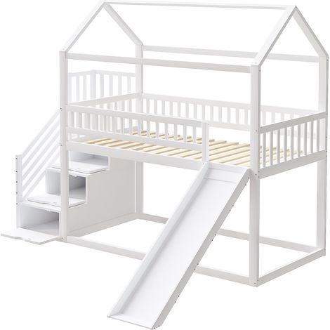 Lit mezzanine enfant 90 x 200 cm blanc avec toboggan, escalier de rangement et garde-corps (1/5)
