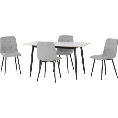 Fenton Dining Table and 4 Chairs Set - L80 x W76 x H140 cm - White Marble Stone Effect/Light Grey