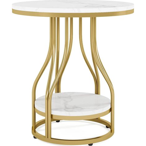 Table d'appoint ronde avec 2 niveaux en marbre blanc et métal doré, pour salon, canapé ou chambre, style moderne et pratique, 50 x 50 x 60 cm - CHICFURN (1/5)