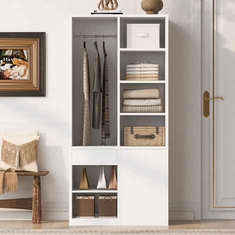 Armoire blanche multifonction avec penderie - étagères ouvertes - tiroirs de rangement - grand espace de stockage 70 x 50 x 170 cm (1/5)