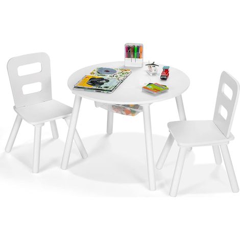Kids Round Table and Chair Set 3 Pcs Children Wooden Activity Table Furniture (1/5)