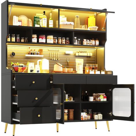 Buffet haut 145x39x171 cm, meuble de rangement avec éclairage LED, commande par application, tiroir, étagères en verre, MDF, noir (1/5)
