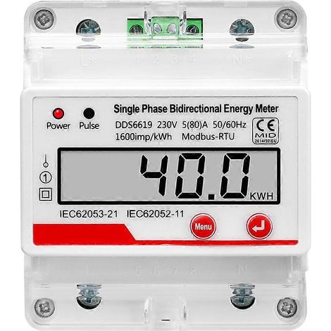 Compteur d'énergie électrique monophasé bidirectionnel 230 V CA 4 pôles avec communication Modbus RTU RS485 et mesure de la consommation électrique (kWh). (1/5)