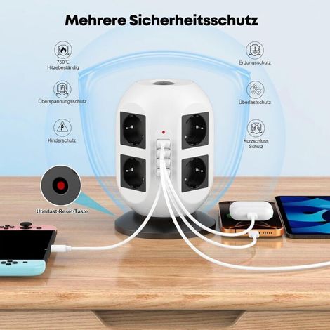 8-outlet power strip with surge protection, 2 USB charging ports, 2m cable, 2 switches (Black and white) (1/4)