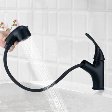 Robinet de salle de bain noir avec douchette extractible, 2 types de jet, robinet de salle de bain extensible, mitigeur monocommande haute pression (1/5)