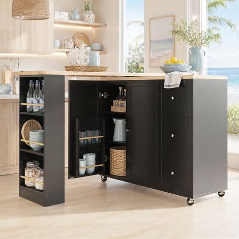 Mobile da cucina isola su ruote 360°, 135-203 x 39 x 106 cm, 3 cassetti, nero HAVRYA (1/5)