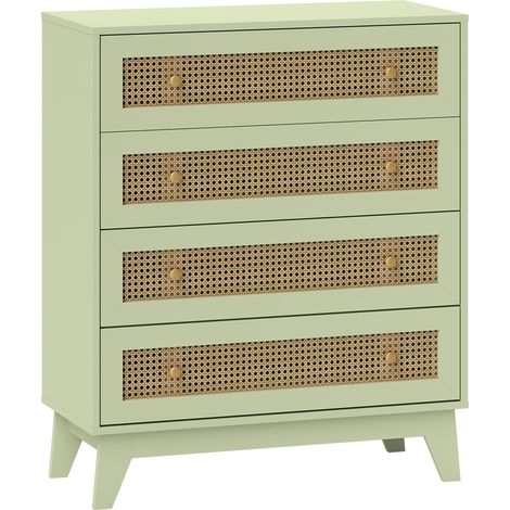 Commode 4 tiroirs meuble de rangement cannage en rotin aspect bois clair 80 x 35 x 95 cm vert