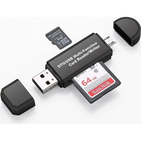 Lecteur de carte mémoire, lecteur de carte SD/Micro SD et adaptateur Micro USB OTG vers USB 2.0 avec connexion USB Micro USB standard pour PC, ordinateur portable et smartphone avec fonction OTG1 pièc