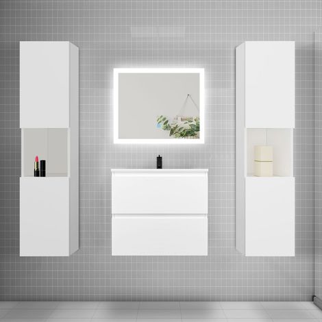Ensemble meuble de salle de bains 60cm, vasque + colonne + LED miroir rectangulaire,blanc (1/5)