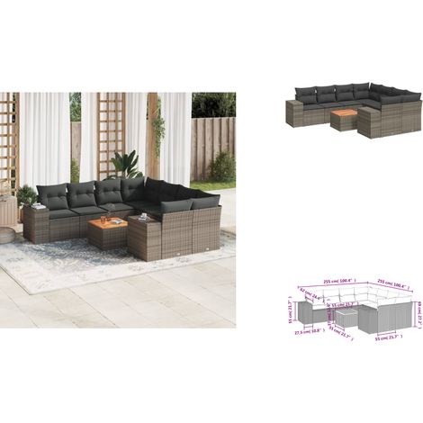 Salon de jardin 9 pcs avec coussins gris résine tressée - Ensemble Salon De Jardin - Mobilier Extérieur - Canapé Jardin - Table Basse Jardin - Chaise Lounge (1/3)