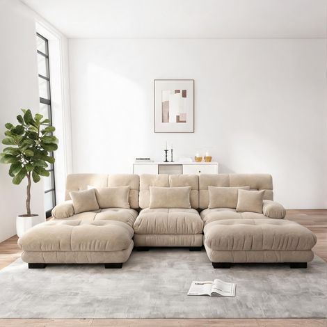 Canapé modulaire d'angle en chenille marron clair avec ottomans (1/5)