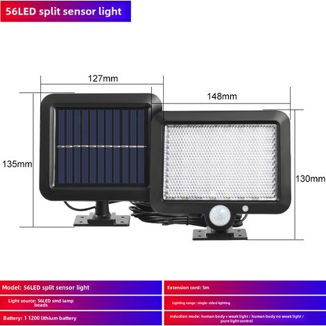 Lámpara solar con sensor de movimiento, resistente al agua, para jardín, iluminación integrada, aplique de pared, luz de garaje (56 LED de inducción integrados, tres modos). (1/5)
