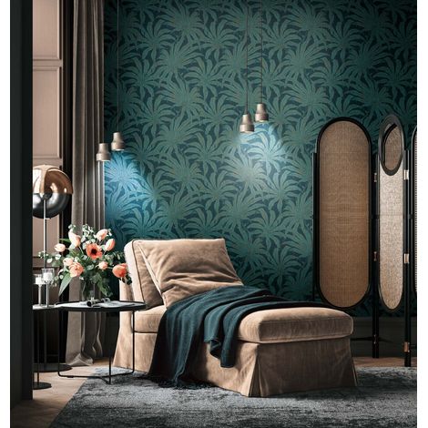 Papier peint intissé fleuri vert irisé Tapisserie tendance tropical idéale pour chambre et salon Papier peint feuillage à fond vert émeraude (1/4)
