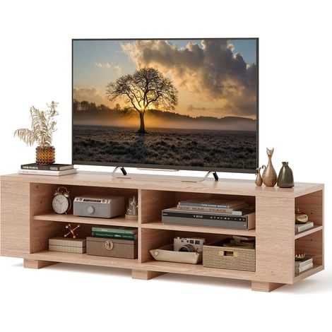 COSTWAY TV-Schrank, Lowboard für Fernseher bis zu 65 Zoll, Fernsehtisch mit 4 offenen Fächern, 4 Seitenfächern & verstellbaren Regalen, Fernsehschrank, TV-Regal, 150 x 39 x 45 cm (Eiche) (1/5)