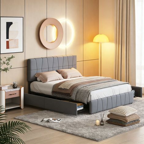 Letto matrimoniale contenitore 160x200 cm con cassetti, velluto grigio, testiera capitonné, rete a doghe, struttura acciaio e legno