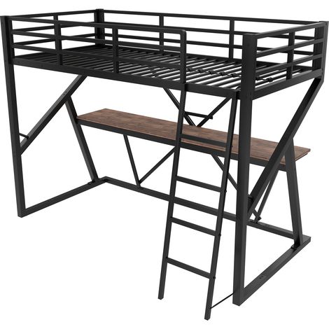 Lit mezzanine 90 x 200 cm en métal et MDF noir avec LED, bureau, échelle et garde-corps (1/5)