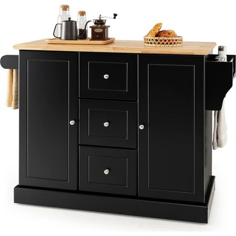 COSTWAY Carrello da Cucina con Rotelle Nascoste, Isola da Cucina in Legno con 3 Cassetti e 2 Armadietti, Credenza da Cucina con Barra Laterale per Asciugamani e Portaspezie, 127x46x91,5cm (Nero) (1/5)
