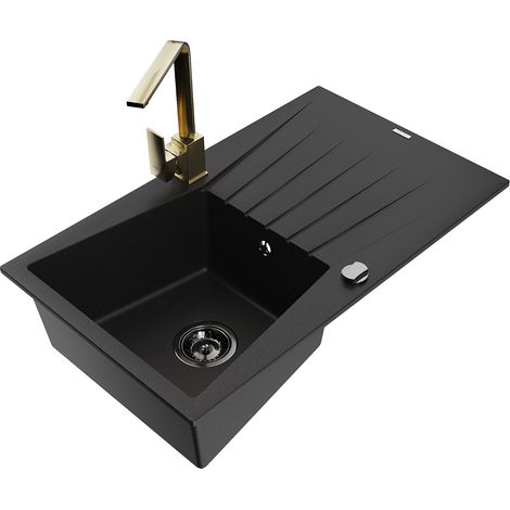 Mexen Cesar fregadero de granito de 1 cuba con escurridor y grifo de cocina Rita, negro - 6514-77-670300-50-B (1/5)