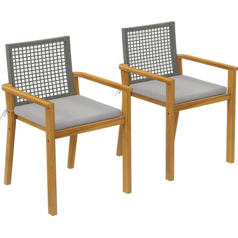 Set aus 2 stapelbaren Gartenstühlen aus Holz mit abnehmbaren Kissen, Armlehnen und Rückenlehne, 59 x 55 x 86 cm, Natur