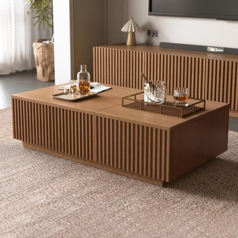 Quadratischer Couchtisch höhenverstellbar, Holz und Metallgestell,Nussbaum,Holzmaserung