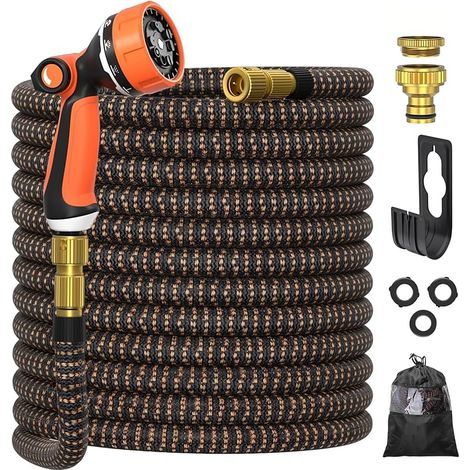 Tuyau d'arrosage 15m, ULTTY Tuyau d’arrosage Extensible avec 1/2" et 3/4" (19mm et 13mm) Adaptateurs, 10 Modes d'Arrosage, Latex Triple Épaisseur Durable avec Raccords en Laiton et Sac, Orange (1/5)