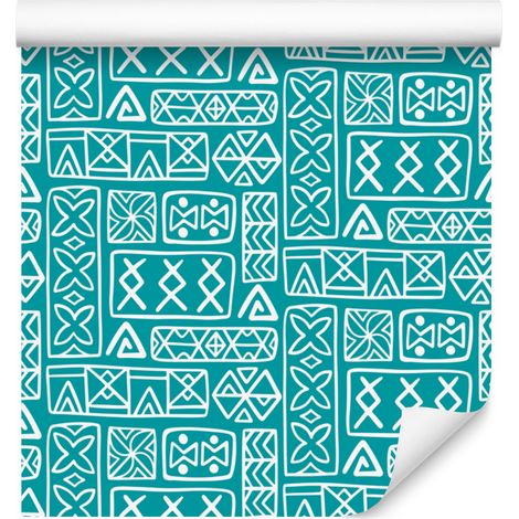 Papier peint à motif géométrique polynésien turquoise et céladon 50x1000 cm (1/5)